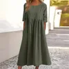 Robes décontractées en coton d'été Double poches Femmes Loose d'épissage lâche Robe ourlet plissée Couleur solide femelle Orage de cou de cou