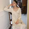 Kadın pijama 2024 Bahar Tam Kollu Baskı Nightgowns Prenses Vintage Uzun Orta Kalif