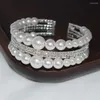 Bangle Fashion Womens 2-layer Imitation Pearl With Rhinestone Open Bracelet Party Bangles