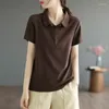 Polos femininos de manga curta camiseta de polo de pescoço de pescoço verde camisetas roupas lisas com tendência de colarinho estético de estilo coreano sintético