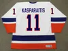 Mannen retro hockey jerseys 11 Darius Kasparaitis gestikt zwart blauw wit thuis weg trui -uniformen