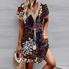 Abiti casual Donne Donne Floral Stampa corta a V Deep Neck Sexy Bandage Bandage Bandage Elegante Smock