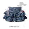 Jupes 2024 Style coréen japonais y2k jupe denim mini-femmes kawaii taille élastique patchwork A-line mignon jeans sexy ruffles