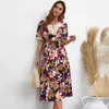 Partykleider Keby ZJ Sommerfrau Elegantes Midi Kleid Urban Casual Beach Urlaub gegen Hals Viskose Vestidos Blume gedruckt Vintage