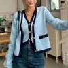 Damen Strick Hikigawa Herbst Korean Chic Mode Vintage v Hals -Pullover Westen Kontrast Farbe Langarm Stricker Strickjacke 2 Sets Mujer