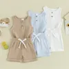 Pure Cotton Leinen Sommerkleidung Set für kleine Kinder und Jungen weicher lässiger ärmelloser Knopf mit Shorts 2 Stücke Kinder und Babykleidung 240429