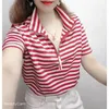 Frauen polos weibliche T-Shirt Schwarz gestreifte T-Shirts Baggy Kleidung Trend 2024 Luxus Polo-Hemden Casual Tops Koreanische Kleidung im koreanischen Stil