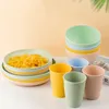 Dijkartikelen Sets kleurrijke tarwe stro bestaan ​​set 4pcs kom cup schotel draagbare tafelgerei kits voor picknick camping