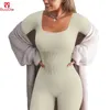 Waist Tummy Shaper Guudia Padded Cup jumpsuit with thumbhole ribs womens long sleeved square neck sexy tight fitting jumpsuit set Q240430