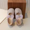 Flat Shoes Herfst Fashion Pearl Bow Rhinestone Childrens Flats Little Girl Shoes Heel Kids Princess H240504
