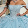 Mexico Sky Blue Ball Suknia Quinceanera Dress Floral Applique Ceide Tuld Tull Off ramię słodkie 16 vestido de 15 anos