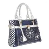 Axelväskor mode kvinnor handväska stor oxford lapptäcke jean stil och kristall dekoration denim blå väska