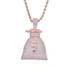 Iced Out Cz Bling Dollar Sign Saco de dinheiro colar de pingente de pingente Micro pav para zircônia cúbica Gold Silver Rose Gold Colar1018507