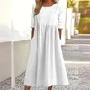 Robes décontractées en coton d'été Double poches Femmes Loose d'épissage lâche Robe ourlet plissée Couleur solide femelle Orage de cou de cou