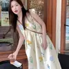 Dresse Summer Aline Midi Laceup Floral Spaghetti Strap 휴가 달콤한 여자 한국 스타일 240416