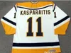 Mannen retro hockey jerseys 11 Darius Kasparaitis gestikt zwart blauw wit thuis weg trui -uniformen