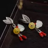 Dangle Ohrringe S925 rein silberne Inlay Hetian Jade Bai Yuna restaurieren alte Wege ms rotes Wachsblatt Anhänger Großhandel