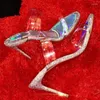 Sapatos de vestido abertos de pé redondo sandálias de salto alto estiletto shinestone slippers transparentes de cristal sexy feminino de cristal sandalias