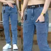 Men Slim Stretch Jeans Multi Pocket Cargo Pants Fashion Streetwear Designer Skinny Male Denim Trousers Brand Kleding Blauw Zwart 240422