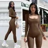 Waist Tummy Shaper Guudia Padded Cup jumpsuit with thumbhole ribs womens long sleeved square neck sexy tight fitting jumpsuit set Q240430