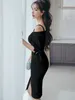 Party Dresses Korean OL Elegant Midi Dress For Women Black Blue Slip Lace Up Bow Slit Skinny Robe Femme Office Lady Street Vestido Mujer