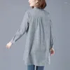 Women's Blouses Thin Japan Style Turn-down Collar Cotton Linen Striped Long Sleeve Women Shirt Medium Length Single Breasted Large