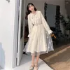 Casual jurken kawaii geborduurde jurk vrouwen witte elegante lange rok ruches kanten elastische taille poppen fall jeugdfeest