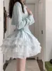 Arbeitskleider blau süßer kawaii zweiteils set Women Sommer sexy elegante Party Mini Kleid Anzüge weibliche Lolita süßer Langarm Mantel