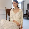 Kadın pijama 2024 Bahar Tam Kollu Baskı Nightgowns Prenses Vintage Uzun Orta Kalif