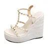 14 cm gewebte Hanf Seil Damenschuhe Plus Size Wedge Fersenplattform Sandalen Nieten Europäer und American 240418