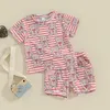 Giyim Setleri Toddler Bebek Kız Çocuk Yaz Şort Seti Ayı Çizgi Baskı Kısa Kollu Tişörtler ve Elastik Günlük Kıyafetler