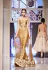 Elie Saab Gold Dresses Evening Wear Sequined Mermaid Sheer Jewel Halsbindning Party Prom GOWNS 3D Floral Floor Längd Formell klänning592958