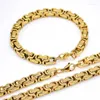 Collier Boucles d'oreilles Set amumiu 40-90 cm bijoux Gold Color Trendy 8 mm Byzantine Link Chain and Bracelet HTZ175