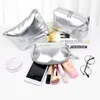 Bolsas de cosméticos bolsas de couro prata impermeabilizadas maquiagem feminina feminina para viagens portáteis de armazenamento de cuidados com o organizador de armazenamento de cuidados com zíper para zíper para zíper