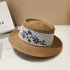 Geniş Memul Şapkalar Yaz Moda Çiçek Şeridi Güzel Doğal Saman Şapkası İçbükey Top Beach Tatil Vintage Boho Sombrero Mujer Playa