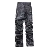 Hip Hop Mens geplooid Pu lederen broek Harajuku retro streetwear losse ruches Casual broek rechte solide kleur zwart 240419