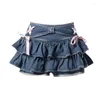 Kjolar 2024 japansk koreansk stil y2k denim kjol mini kvinnor kawaii elastisk midja a-line lapptäcke söta sexiga ruffles jeans