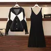 İş Elbiseleri Kadınlar için iki parçalı örme iki parçalı set v boyun hırka üstleri ve askı elbisesi büyük boyutlu kadın bahar sonbahar siyah eşleşmesi