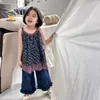 ズボンの子供服服の子供たちの純粋な色のジーンズ2024夏の韓国スタイルのかわいいレースガールすべてがゆるいカジュアル