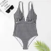 Frauen Badebekleidung 2024 gestreiftes One-Stück Badeanzug Vintage Frauen V-Ausschnitt Badeanzug weiblicher Sommer-Strandbekleidung Bodysuit