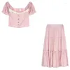 Robes de travail Summer Girl Pink Color Set Retro Crop Top Top Elastiated Pleed Two Piece SetS Femelle 2 pièces Chic Tenues