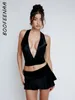 Work Dresses BOOFEENAA Y2k Clubwear Sexy Two Piece Set Women Outfit Vacation Black Satin Halter Top And Mini Skirt Sets Summer 2024 C33-CI15