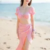 Women's Swimwear 2024 Solid Three Pieces Bikinis Swimsuit With Cover Up Women Bikini Set Summer Sexy Ladies Beach Push Bathing Suit