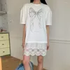Feestjurken Neple Mode Lace Patchwork Dress voor vrouwen Y2K Midden-lengte losse vestidos Mujer 2024 Zomer O-Neck Bow Print