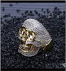 Solitaire Mens 18K Jaune plaqué Skull Gold Gold Cz Bling Bing Full Simulad Diamonds Micro Pave Set Stones Hip Hop Anneaux YSORX5420015