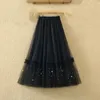 التنانير Qooth Women Fairy Tulle Tulle Mesh Skirt الأنيقة مرنة زهرة Long A-Line Line For Spring Summer QT2146