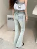 Jeans femminile slergiri a tasca azzurra flare ricamata Donna estate alta vita coreana sottile slip sleld vintage pantaloni in denim