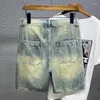 Men's Jeans 2024Street Trend Personality Patchwork Flip Flops Midi Hole Denim Shorts Retro Nostalgia Blue Pants Waistband Tie Rope Ca
