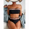 Arxipa sexy mesh bikinis costume da bagno a due pezzi per donna abito da bagno ad alta vita imbottito push up beachwear a 2 pezzi bandaeau bendau bandage tie black solido brasiliano