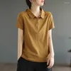 Polos femininos de manga curta camiseta de polo de pescoço de pescoço verde camisetas roupas lisas com tendência de colarinho estético de estilo coreano sintético